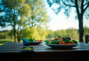 image of a peaceful lunch by a river - healthy food