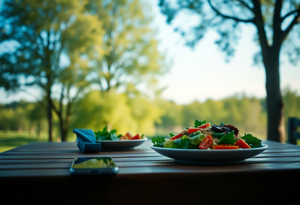 image of a peaceful lunch by a river - healthy food